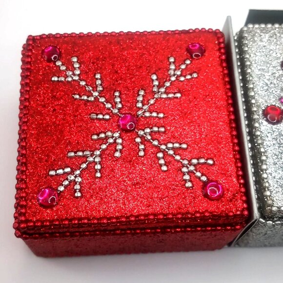 Set Of 3 Pier 1 Imports Jeweled Beaded Holiday Gift Ring Boxes Red Silver Pink - Picture 5 of 13